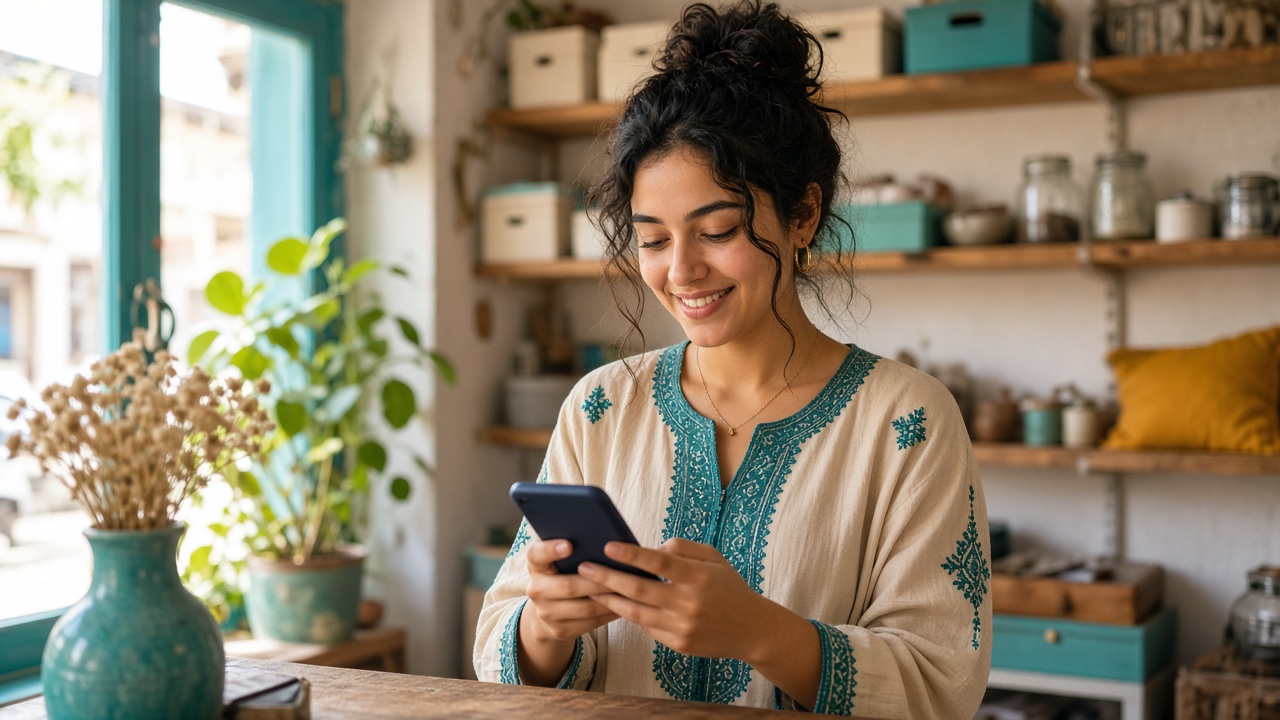 Un commerçant souriant en lisant un message sur son téléphone